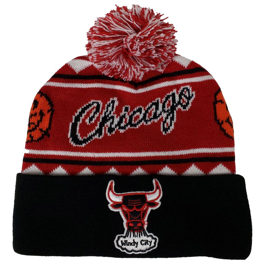 Chicago Bulls Mitchell & Ness NBA Knit Hat Beanie Cap Jacquard Black Red New
